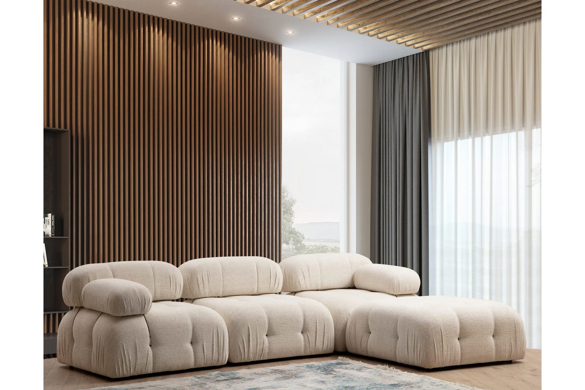 Belgin Bubblig Divansoffa 3-sits 288 cm med fasta armstöd och repdetaljer – Andrarum – light beige soffor