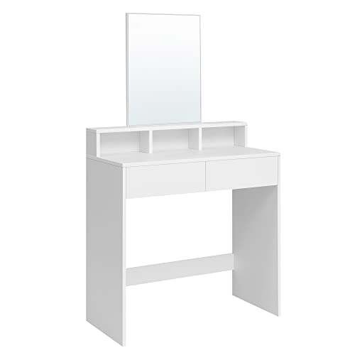 VASAGLE Sminkbord med stor rektangulär spegel, sminkbord med 2 lådor och 3 öppna fack, tvättställ, modern stil, vit