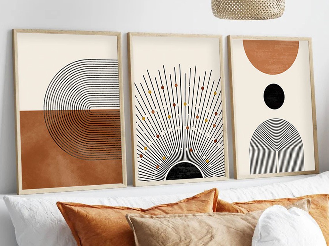 NORDVÄRK Huhu198 bild, rektangulär - flerfärgad MDF (70x50) (set med 3) – cream (beige, terracotta (orange), black väggkonst