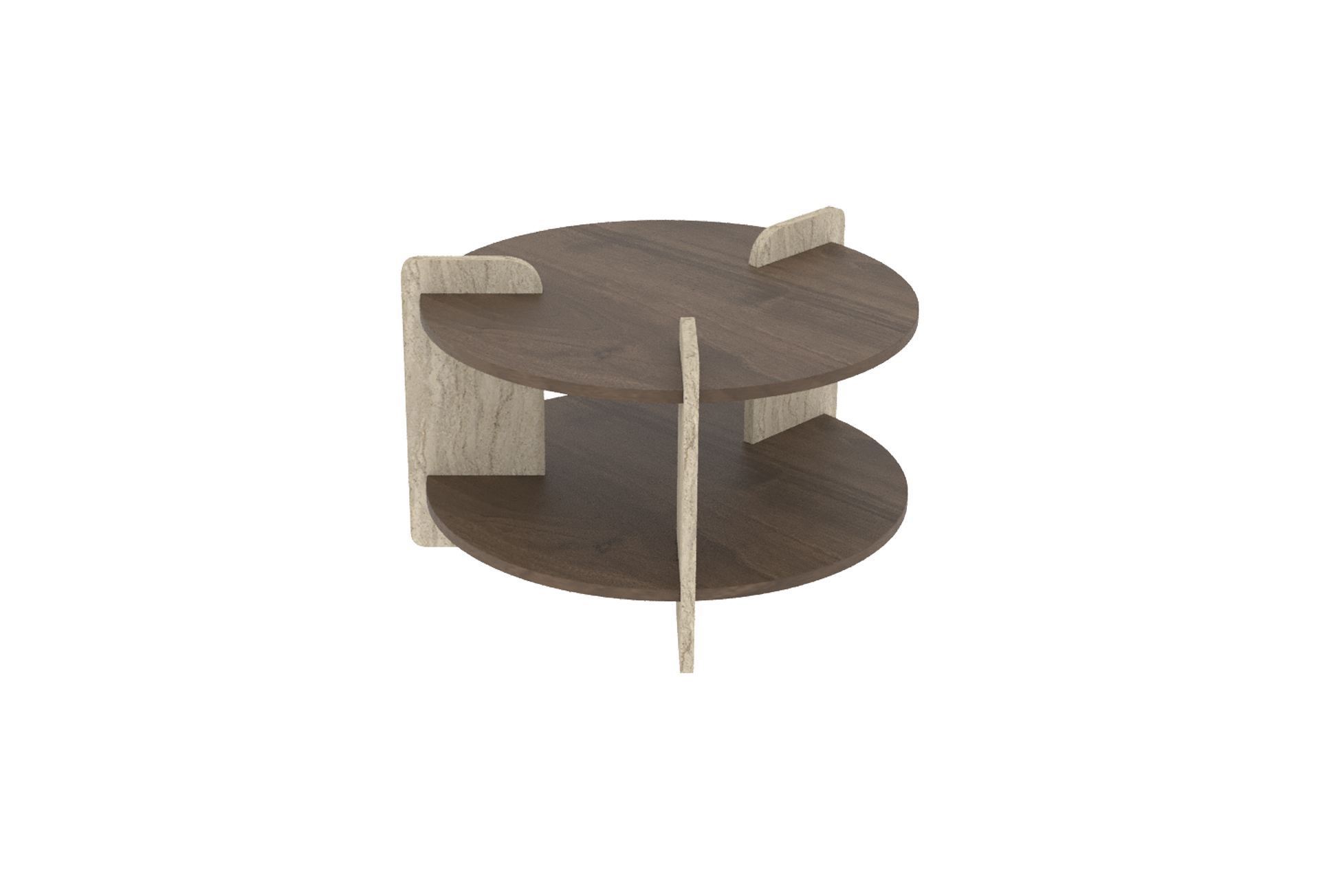 NORDVÄRK Oalla soffbord, med 1 hyllplan, runt - sand travertin och brun valnötsmelamin (Ø70) – walnut (brown, travertine