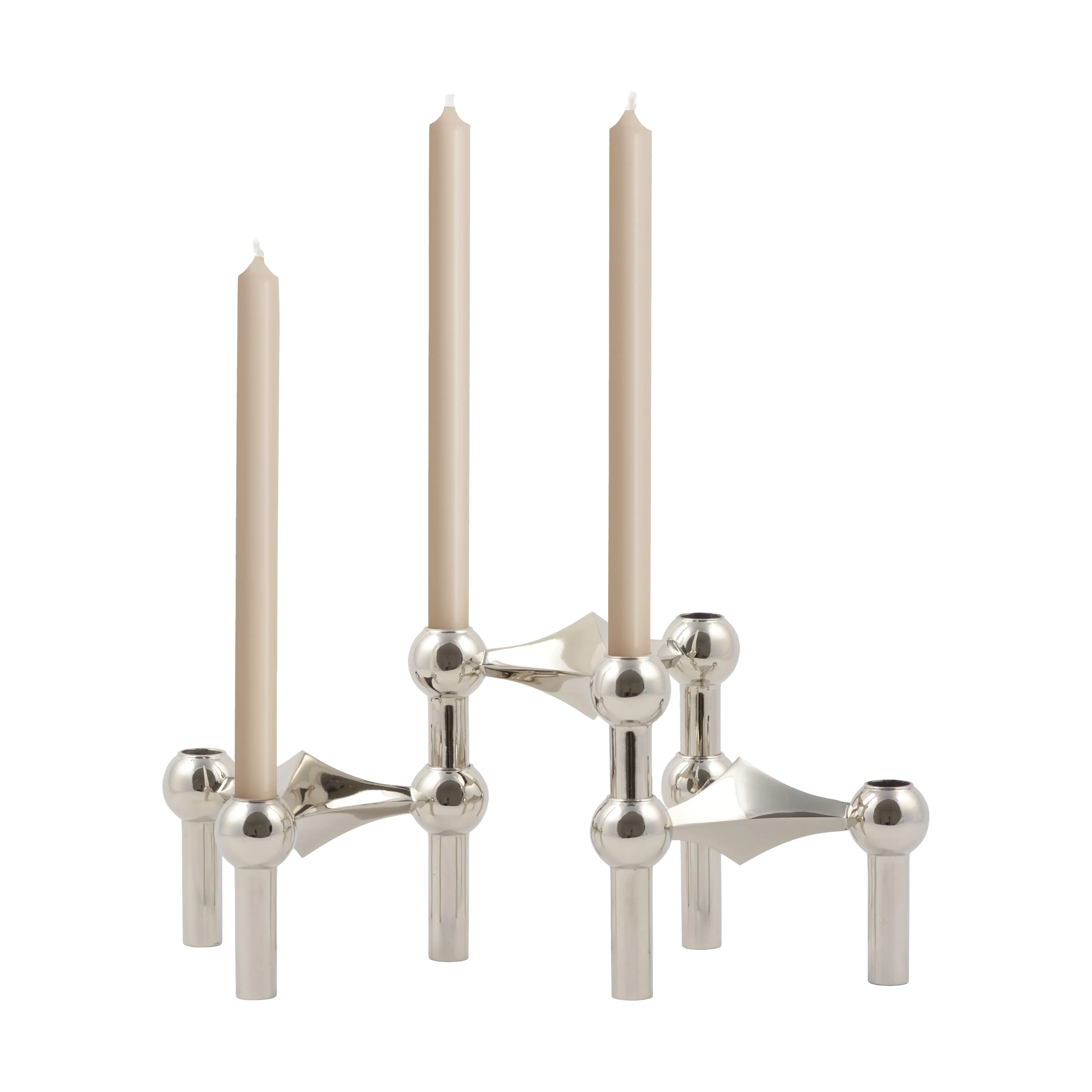 STOFF Nagel ljusstake krom 3-pack + Beige ljus 12-pack – STOFF – silver ljusstakar