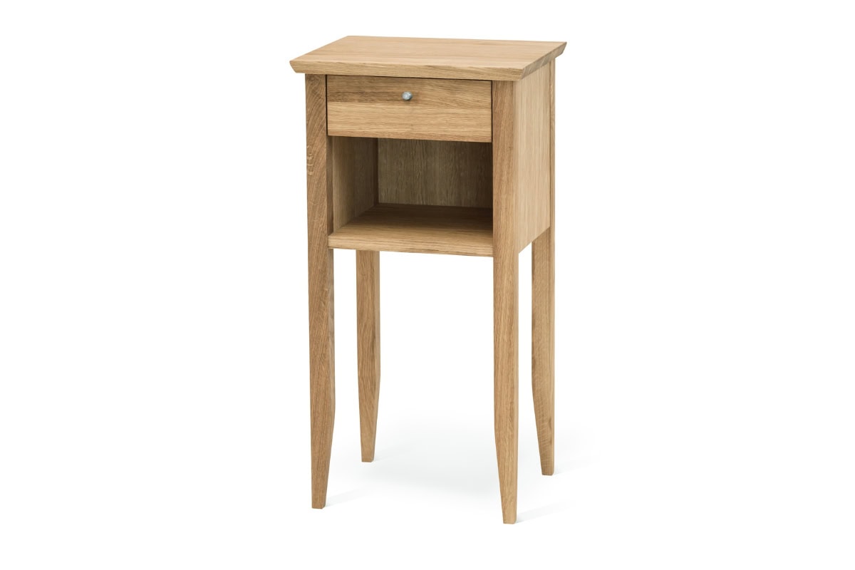 EKLIDEN Sängbord med låda oljad ek – Sangfabriken – oiled oak (beige, brushed metal sängbord