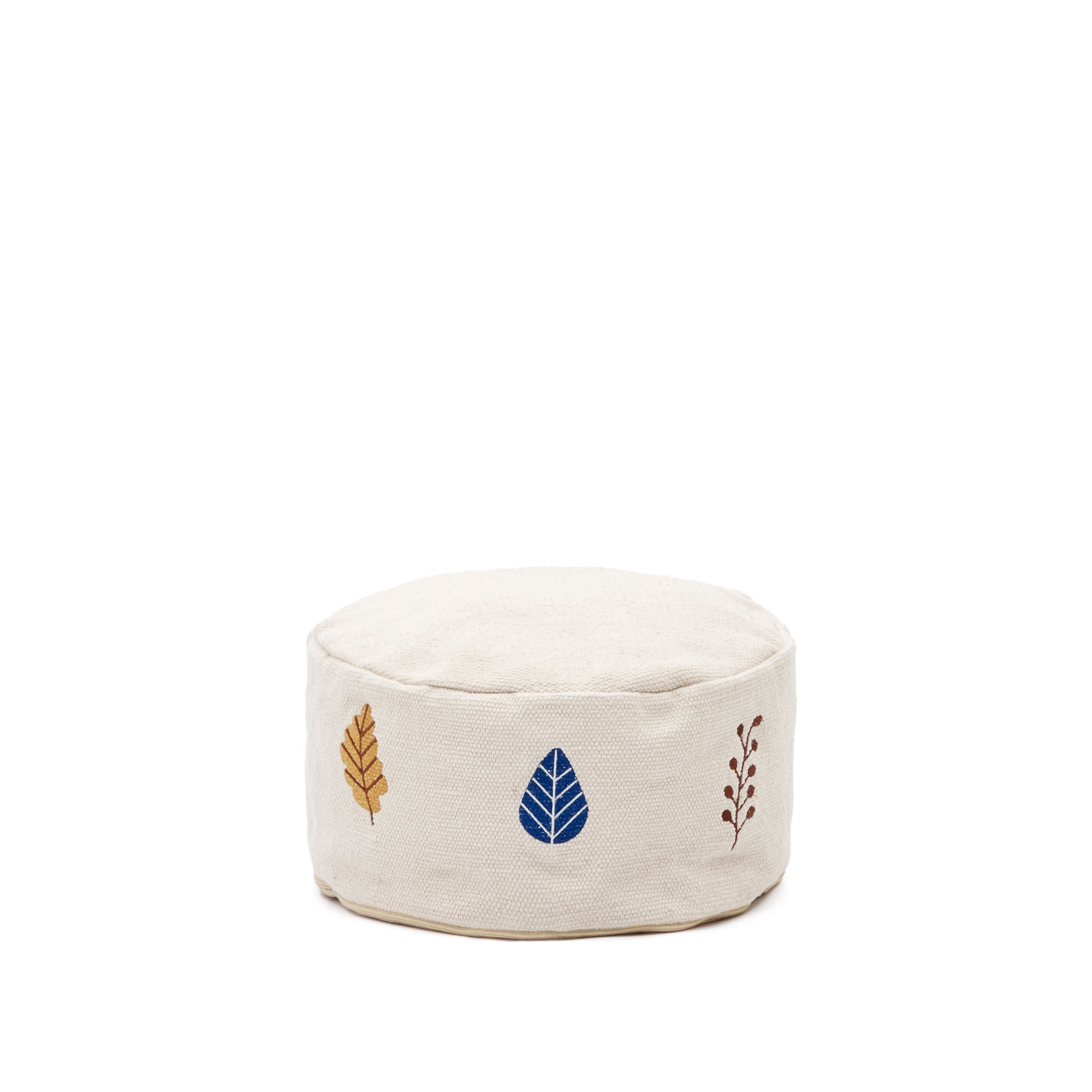 KAVE HOME Yanil-puff i 100 % vit bomull med flerfärgade bladbroderier, Ø: 40 cm – Kave Home – cotton (white, embroidery