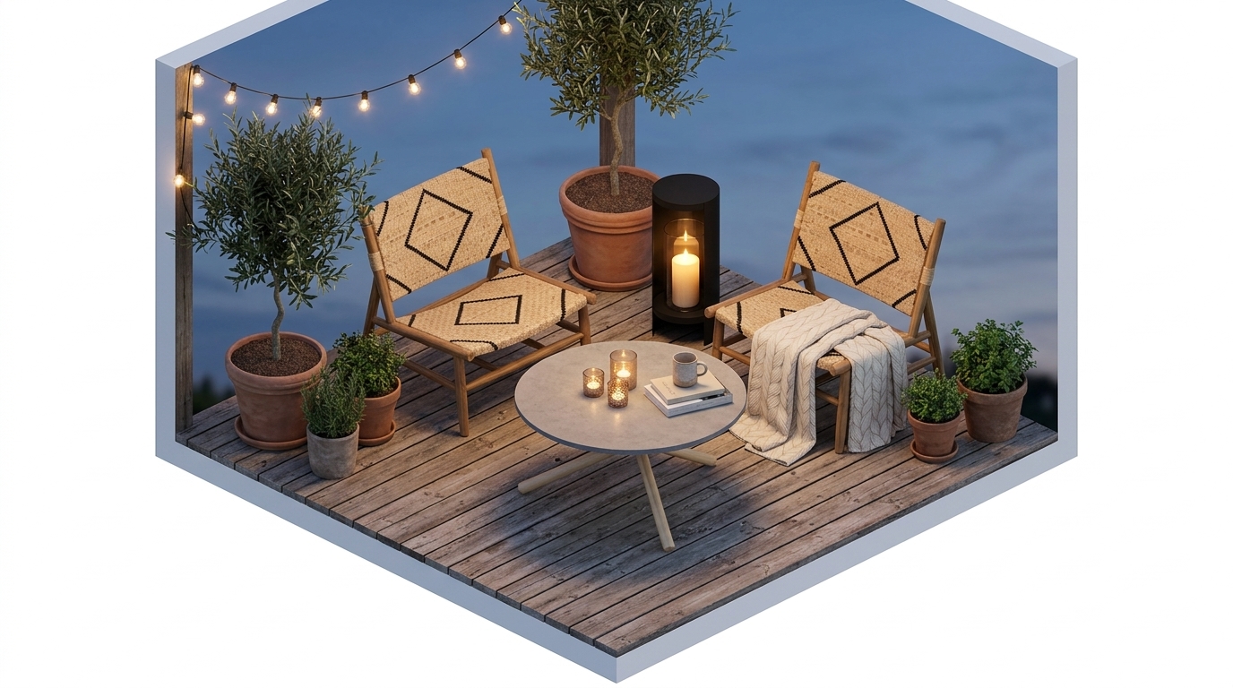 Trädäckets varma belysning och kalla betongbord — så bryts med Bloomingville Lennox loungestol, Natur-teak