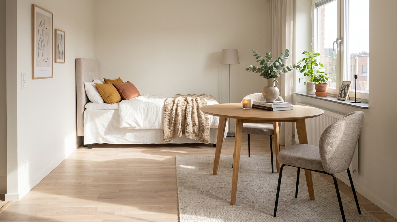 Varmvita väggar och senapsgul textil i studiolägenheten — med Basic Home Dream Komplett Sängpaket 90x200 cm Knappar