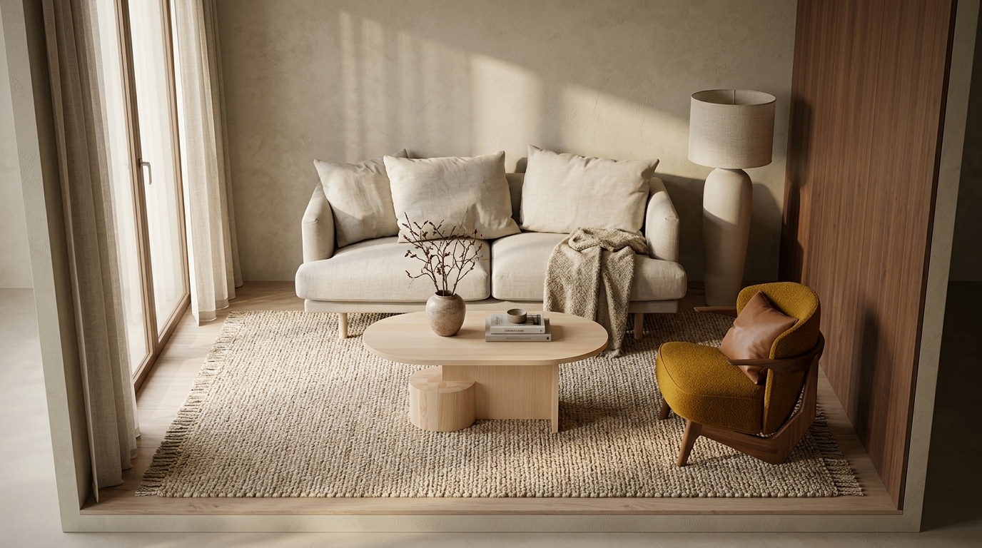 Beige vardagsrum och mörkt trä — så bär kontrasten den med 1898 Sjövik 2,5-sits soffa, Bern 0341 Beige