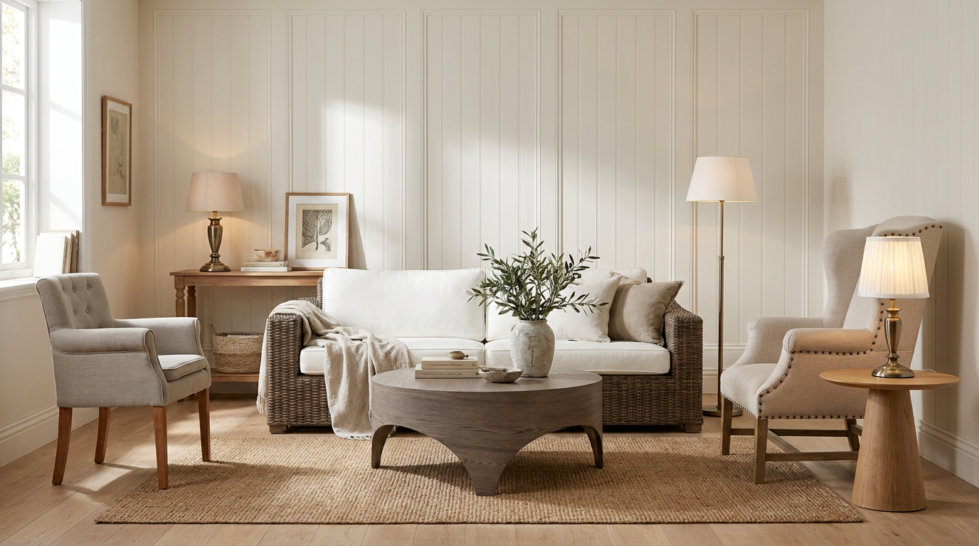 Beige vardagsrum och mörk rotting — så förankras den ljusa med Artwood Hudson 3-sits soffa i rotting
