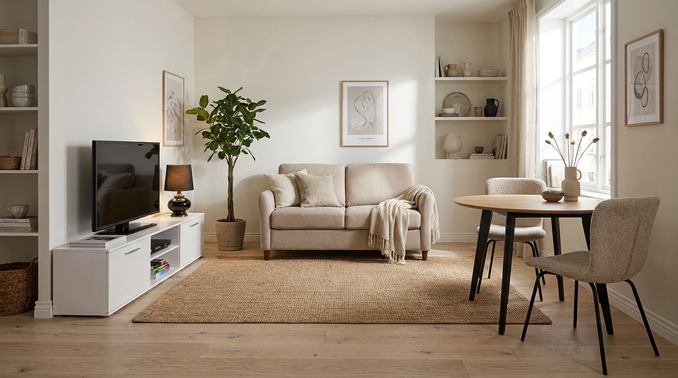 Beige ytor och svarta kontraster — så förankras den ljusa med 2-sitssoffa Mare Beige, mörkt trä, Soho TV-bänk 180x43x37 cm