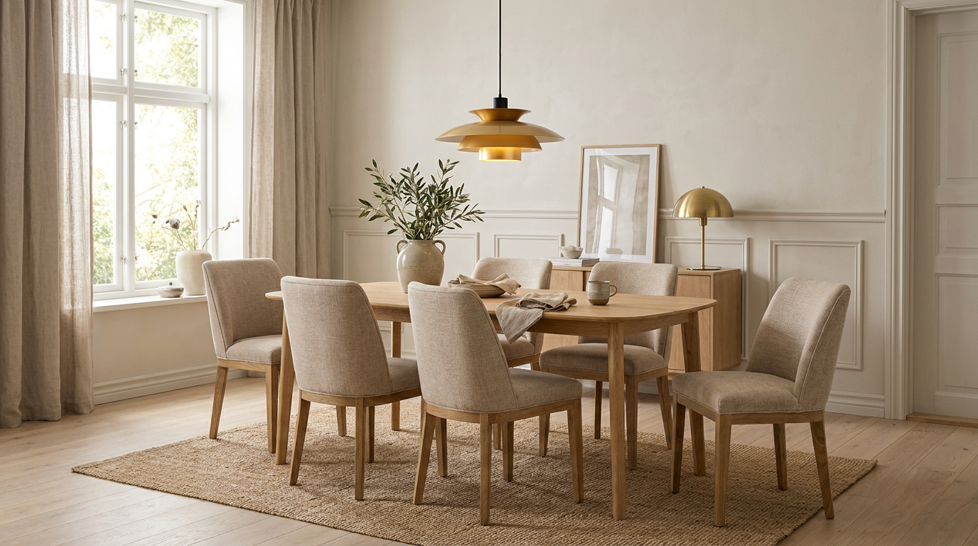 Sandbeige matsal och ljust trä — den tända mässingen bryter med Skovby Sm119 Bord Ek Massiv Naturolja 192X102X74Cm