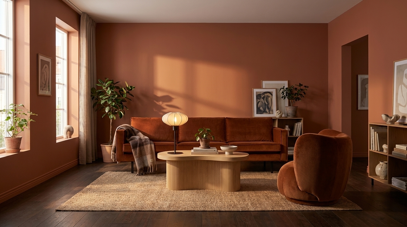 Vardagsrum med terrakottafärgade väggar — så hanteras med Ferm Living Rico lounge chair fåtölj swivel, Devoré velvet-Rust