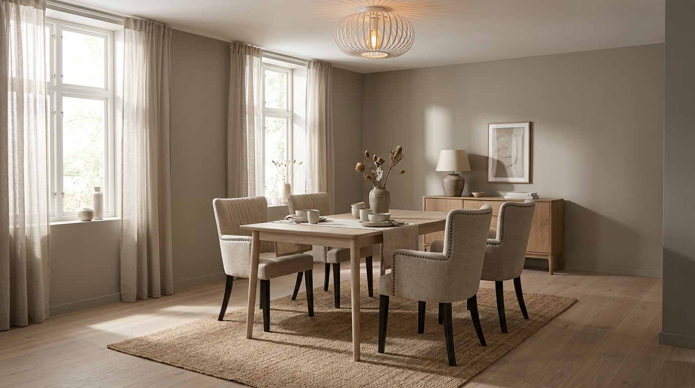 Greige matsal och ljus ek — så förankras en monokrom med Stolab Prima Vista bord, Ek ljus mattlack-120cm-1 ilägg