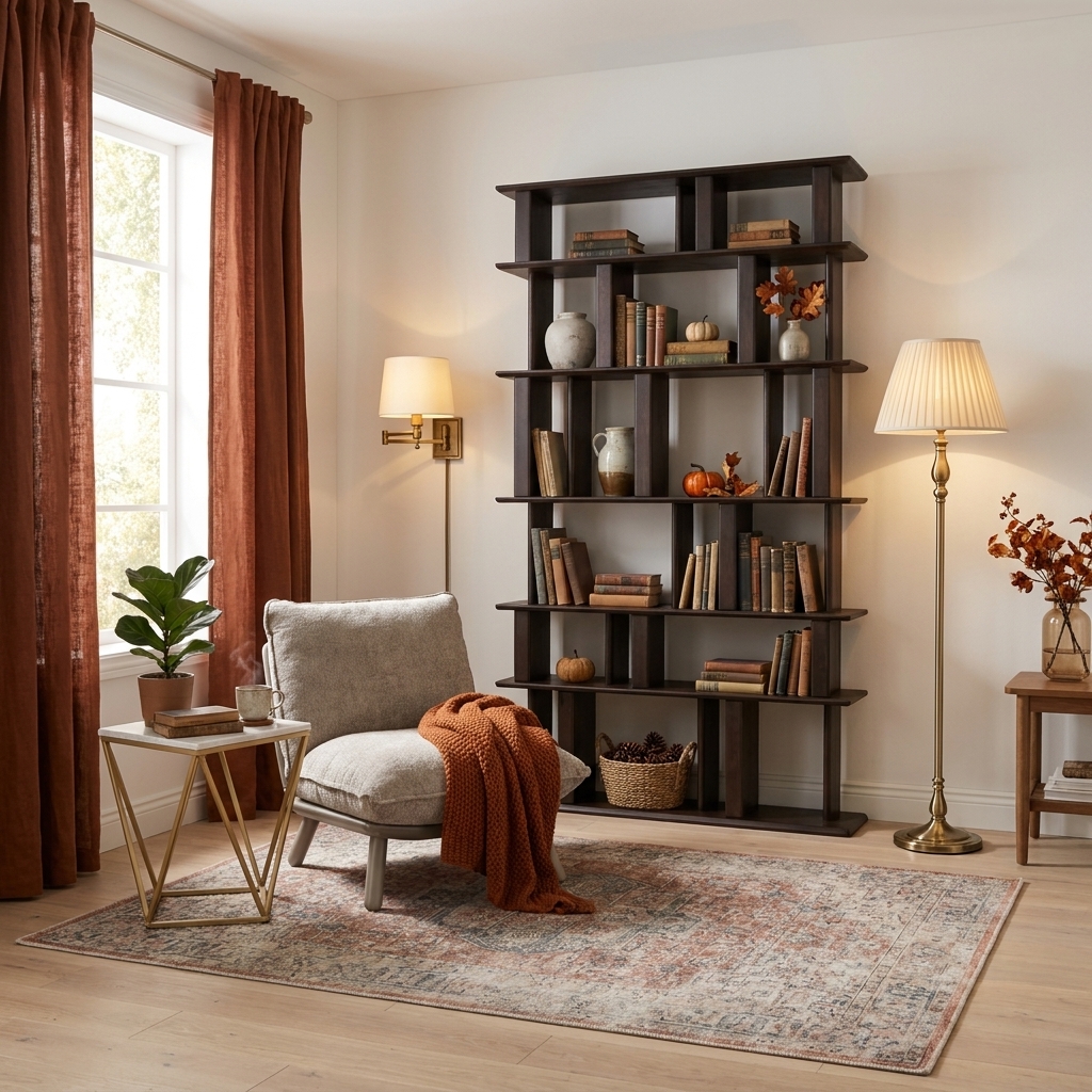 Mörk bokhylla och roströda textilier i hemmabiblioteket — med Ethnicraft Block bokhylla, Espresso matte mahogany, 120x207 cm