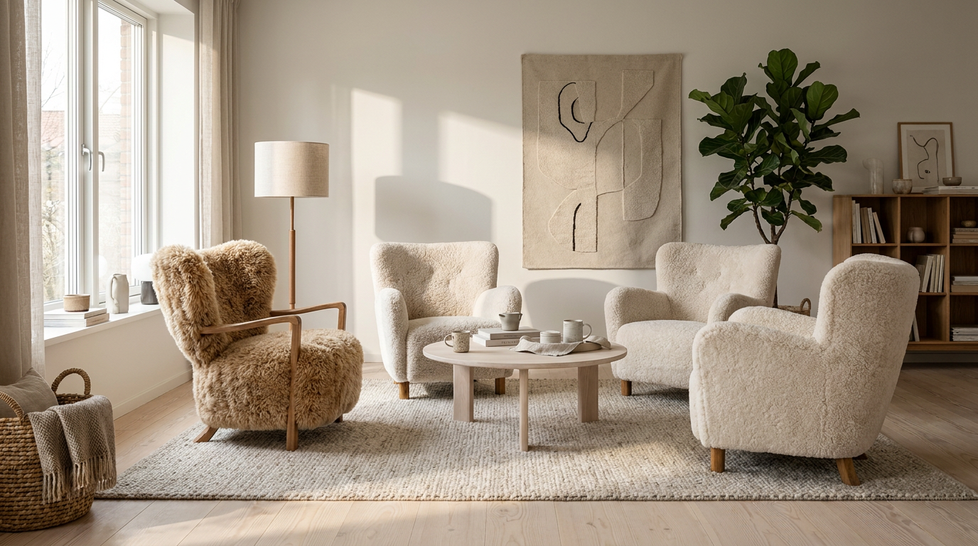 Beige vardagsrum och yviga texturer — asymmetri förankrar den ljusa färgskalan