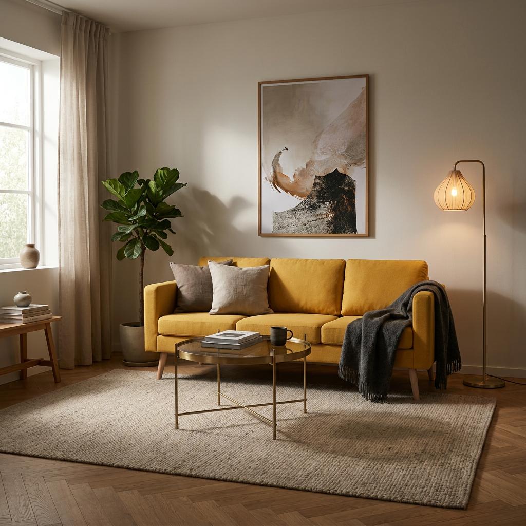 Senapsgul soffa i vardagsrummet — mörka accenter förankrar med Light & Living Elati golvlampa