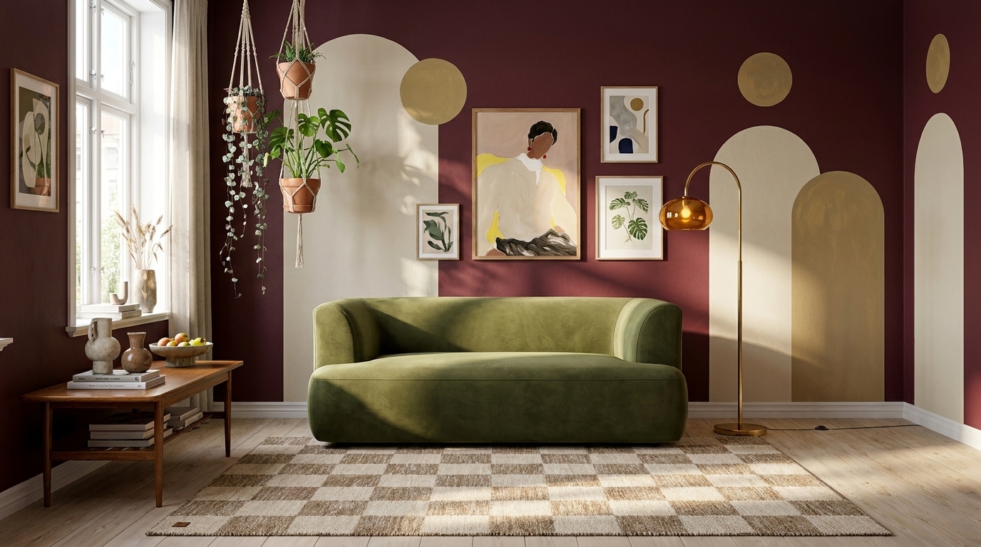 Vinröda väggar och målade valv i vardagsrummet — så med KM Home Moharan Ullmatta 240x340 cm Rektangulär