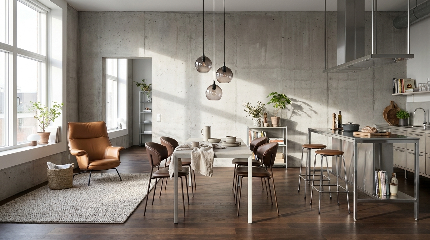 Betonggrå väggar och konjaksfärgat läder i köket — så bryts med Fritz Hansen High Dot barpall, Wild läder walnut-krom