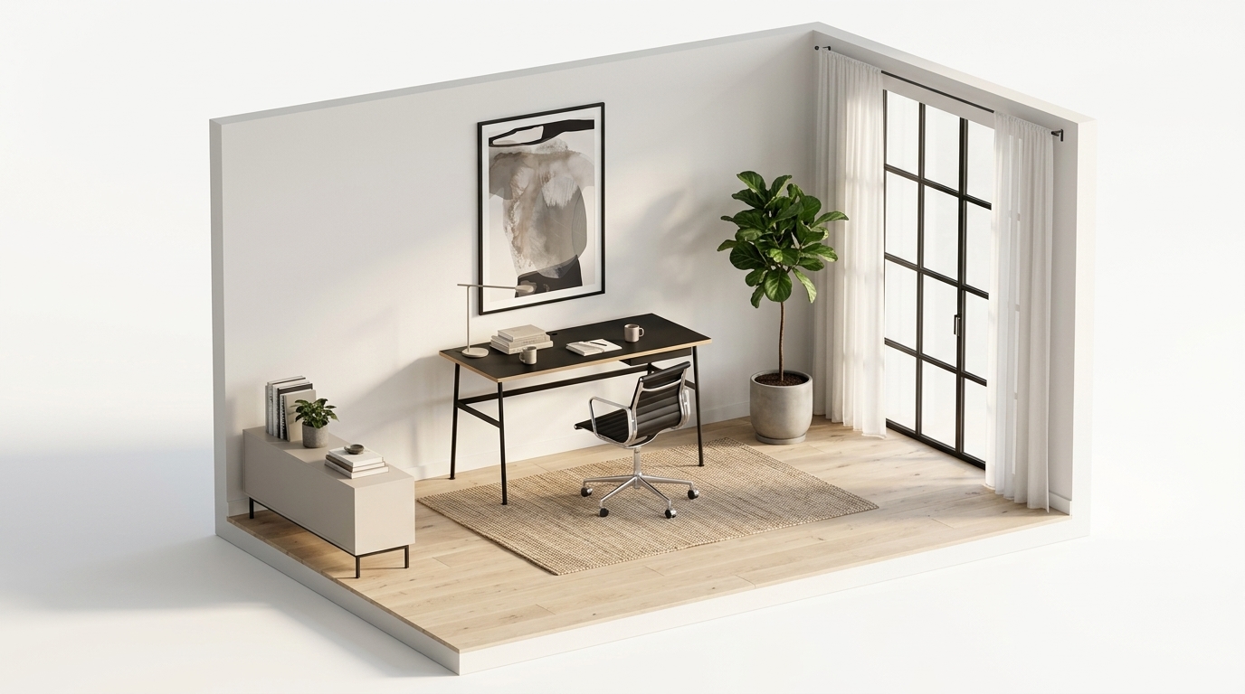 Ljust trä och svarta linjer i hemmakontoret — så undviks med Vipp Vipp452 kontorstol hjul, Normann Copenhagen Journal Desk