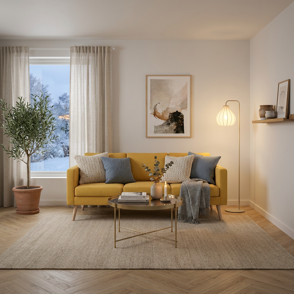 Gul soffa i vardagsrummet — så balanserar inredningen med Light & Living Elati golvlampa