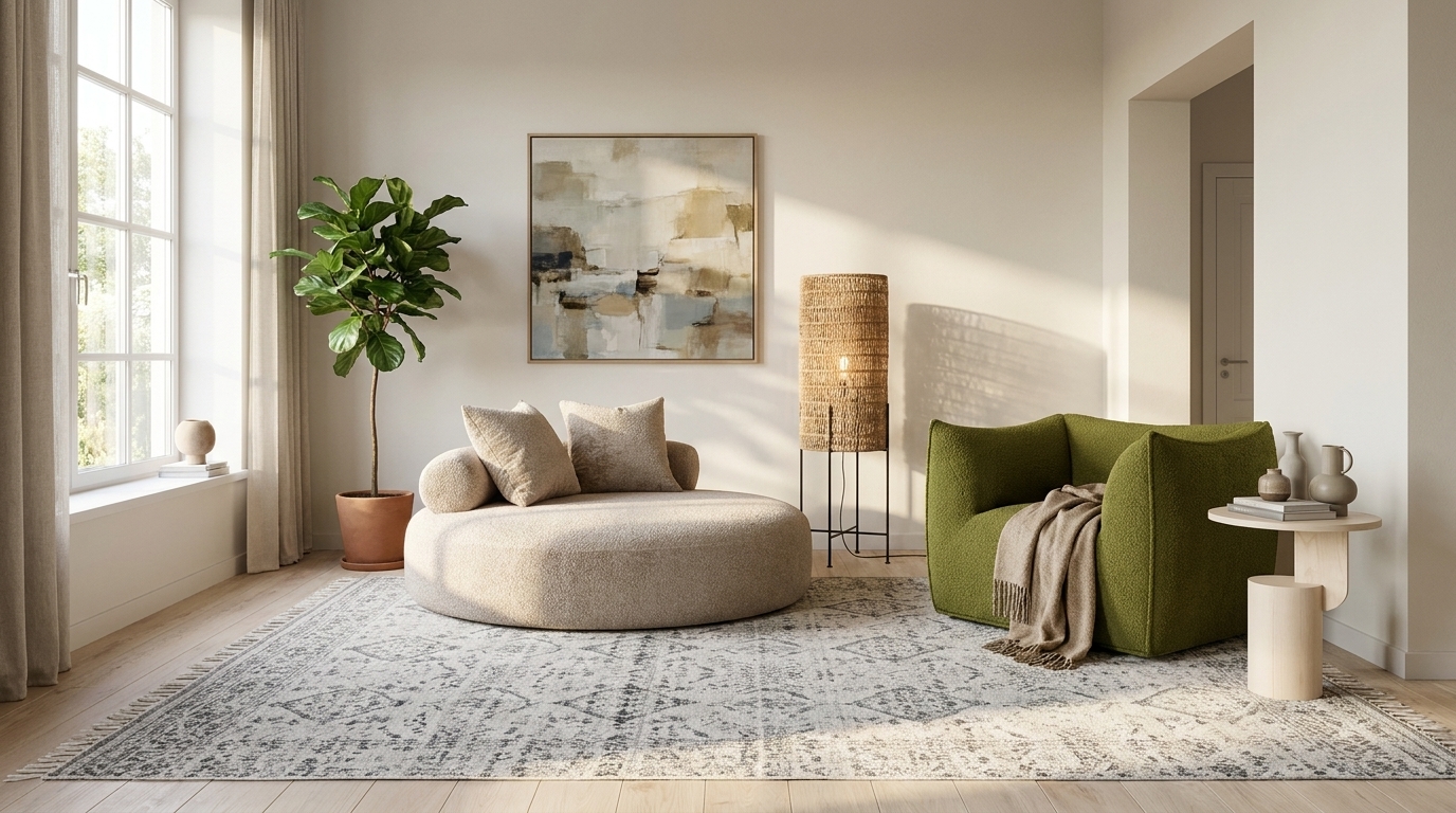 Mossgrönt och beige i vardagsrummet — den mörka fåtöljen med B&B Italia Le Bambole Bambola fåtölj