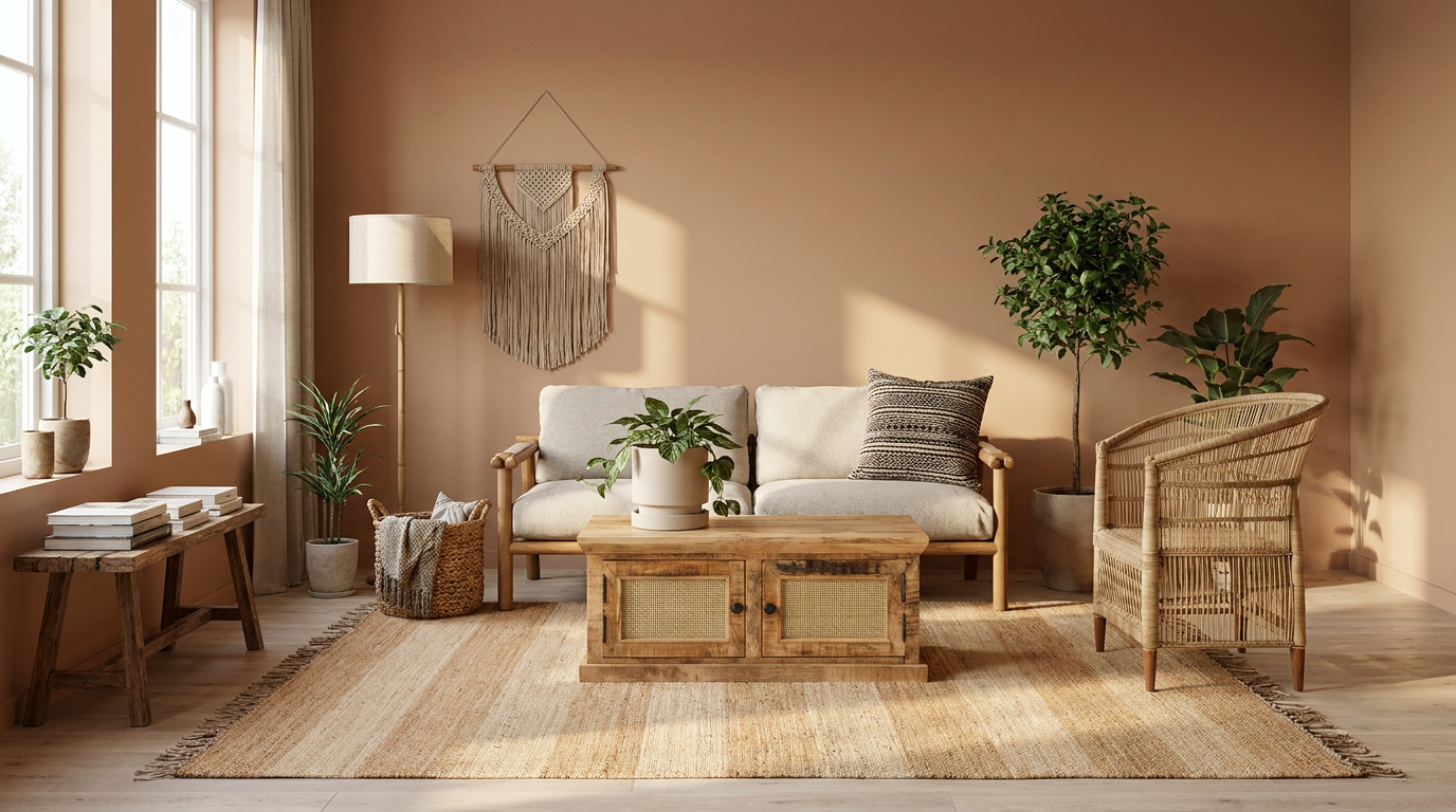 Terracottafärgade väggar i vardagsrummet — så räddar mörka med Cane-line Sticks 2-sits soffa Teak