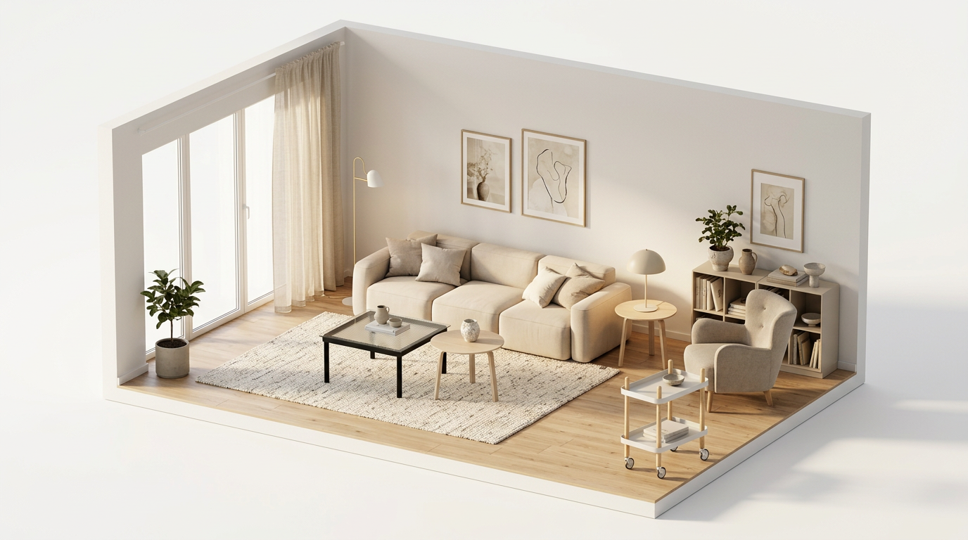 Beige vardagsrum och monokrom inredning — så bryts ytorna med Massproductions Patch 3-sits soffa, Linara 05 Porridge