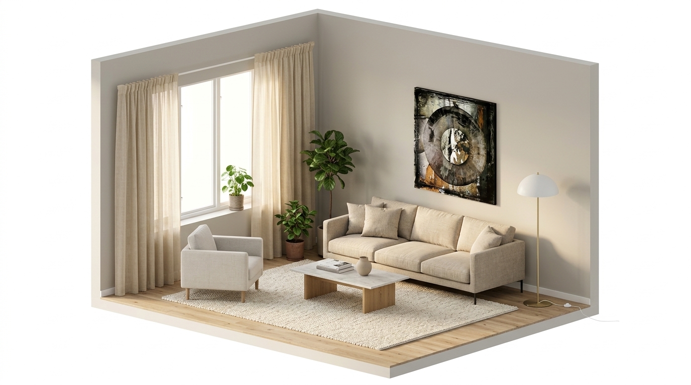 Ljusgreige vardagsrum och beige textil — så förankras den med Linum Intermezzo gardin, Gräddig beige