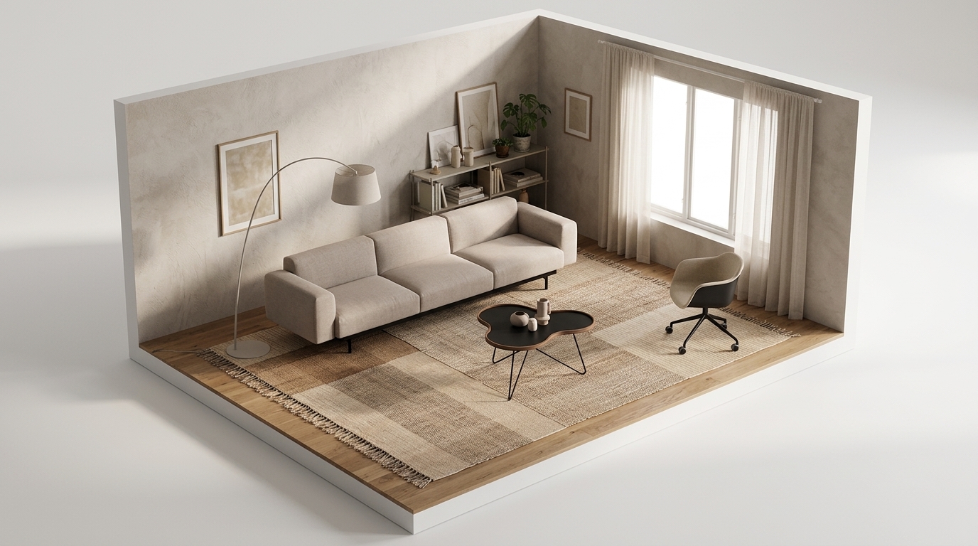 Beige vardagsrum och svarta accenter — svärtan förhindrar med Muuto In Situ modulsoffa 3-sits configuration 6, Clay 12-Black