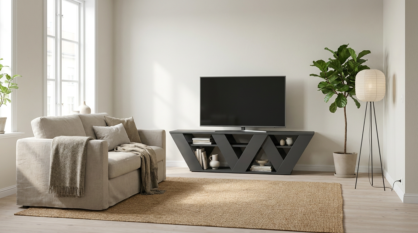 Ljust vardagsrum och mörka möbler — så hanteras rummets med NORDVÄRK Ralla TV-bord, m 1 hylla - antracitgrå melamin (158x30)