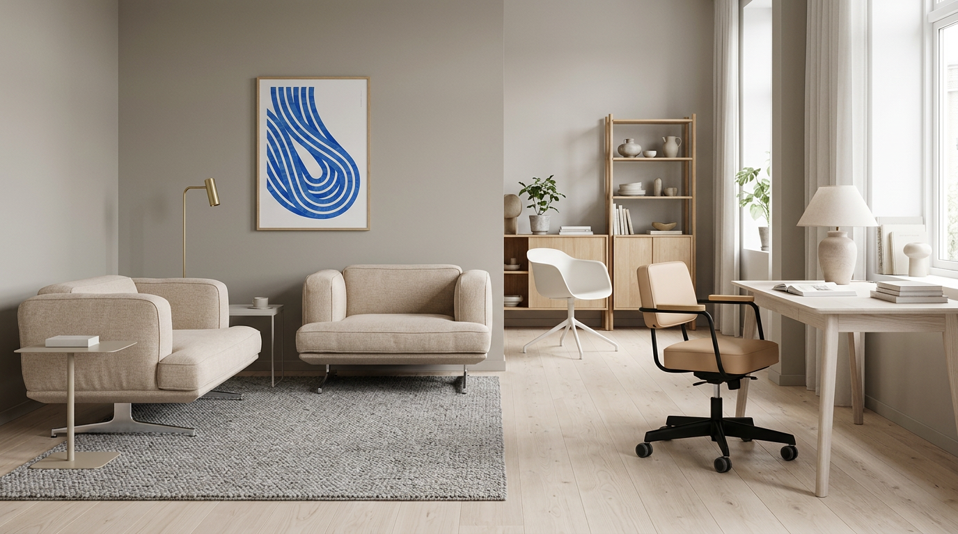 Greige hemmakontor med blå accent — så bryts den monokroma med Vitra Fauteuil Direction Pivotant skrivbordsstol Deep Black