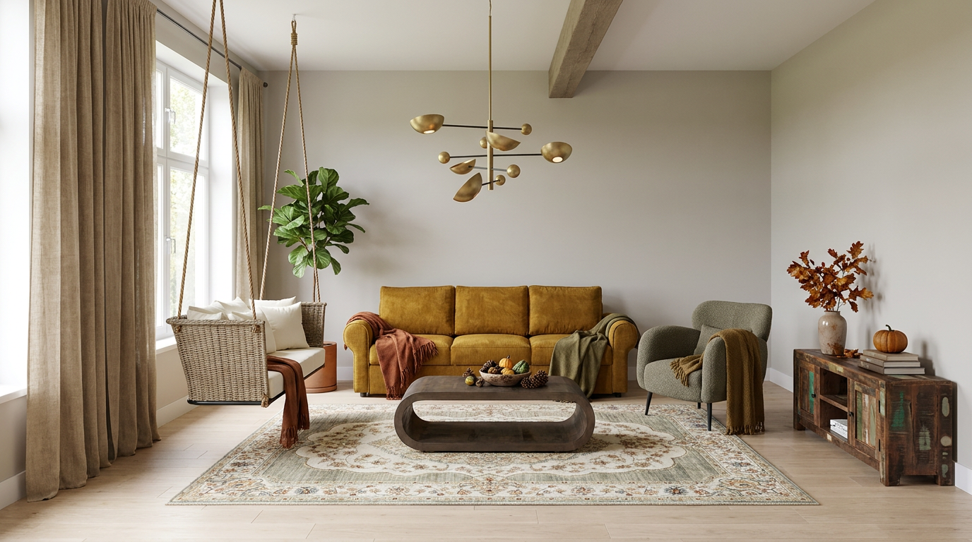 Vardagsrummets ljusa golv och senapsgula mittpunkt — så med Artwood Bonn fåtölj Story brown, Midfeld 3-sits Hörnbäddsoffa