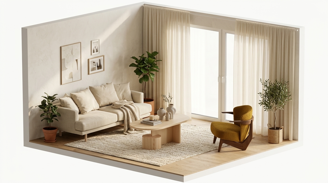 Beige vardagsrum och trädetaljer — så bryts den ljusa med 1898 Sjövik 2,5-sits soffa, Bern 0341 Beige
