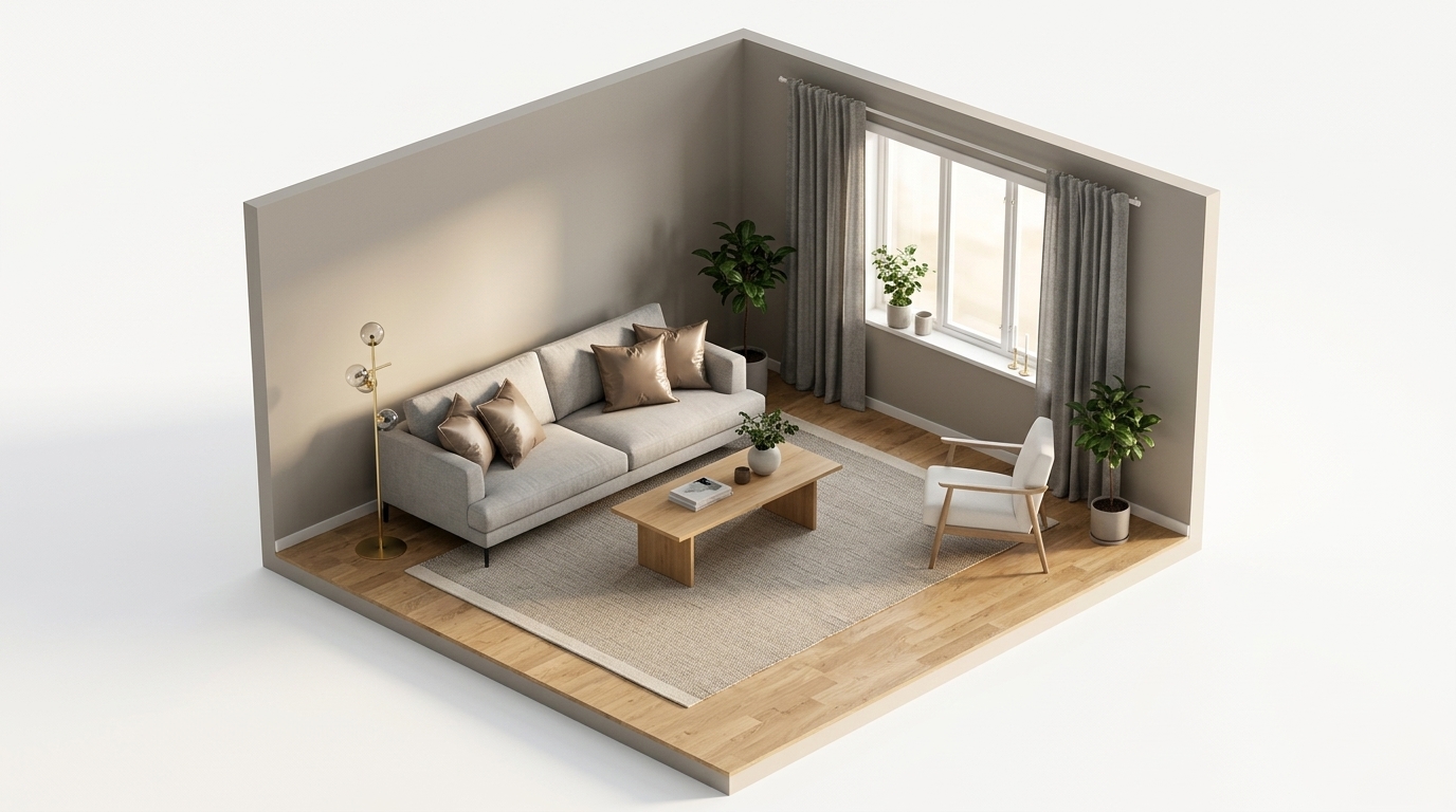 Greige väggar i vardagsrummet — blanka ytor och riktade med Linie Design Frode Natural 250x350 Matta