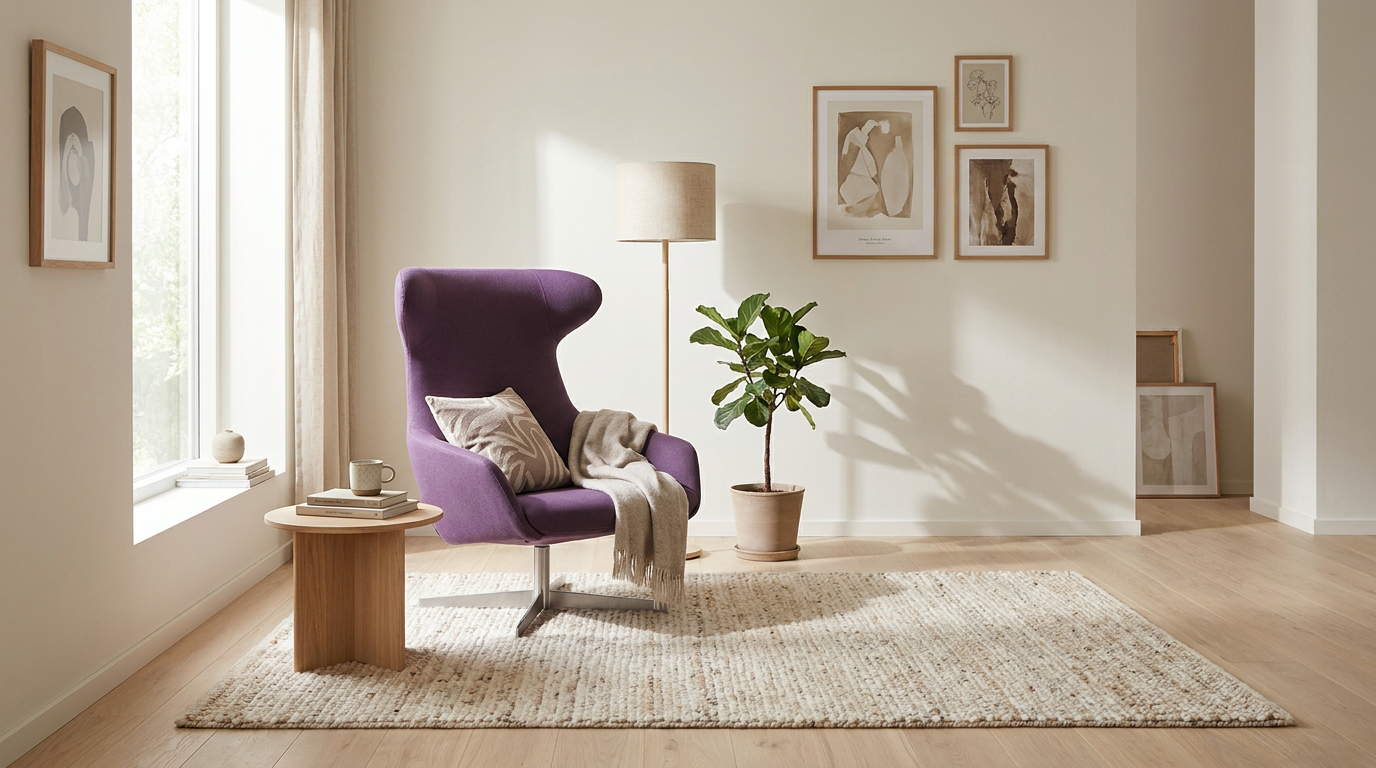 Lila fåtölj i ljust vardagsrum — volymen som krävs för att med Living Divani Reader High Swivel Armchair