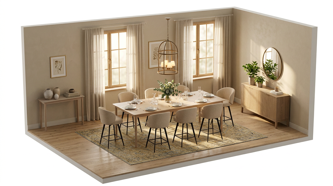 Beige väggar i matsalen — svarta detaljer förankrar den med Muuto Linear Wood Table 260 cm
