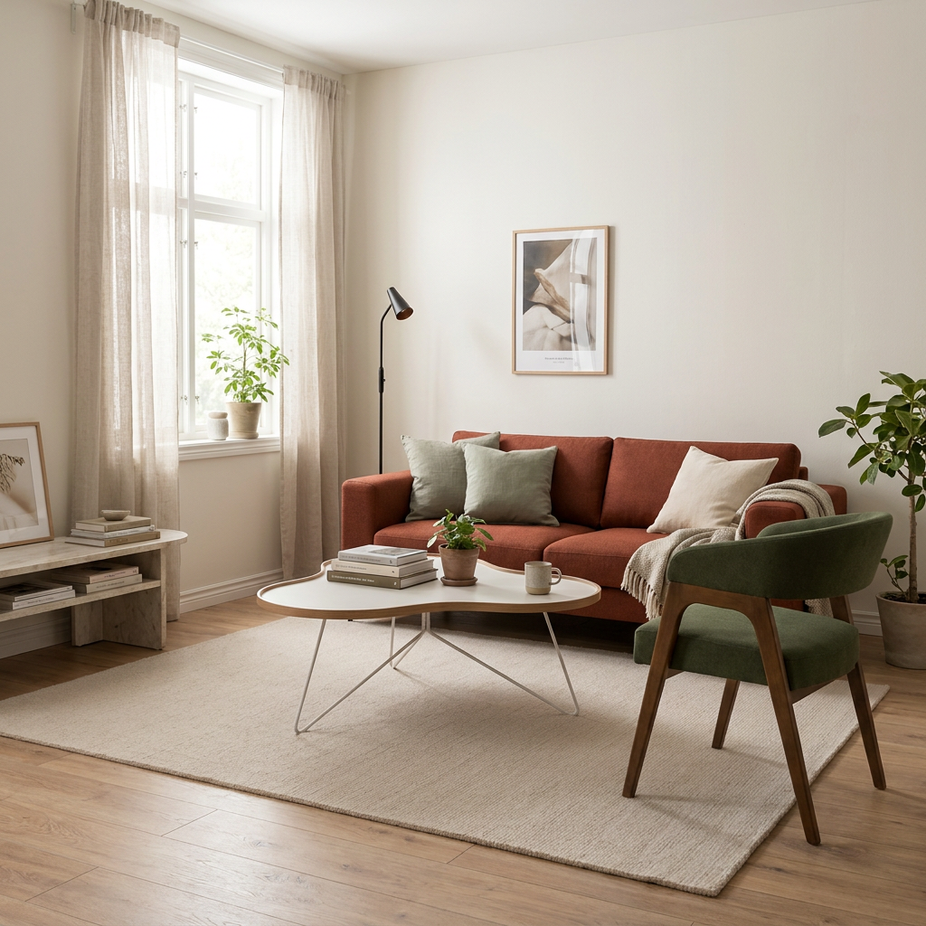 Terracottafärgad soffa i vardagsrummet — så balanseras med Venture Home Soffa Birka, Dutchbone DUTCHBONE Fåtölj Adamello Grön