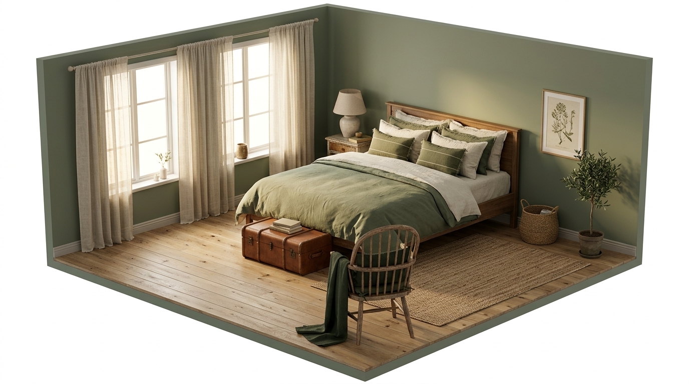 Salviagröna väggar i sovrummet — så skiljs de monokroma med Ferm Living Calm kuddfodral 40x60 cm, Olive-Off-white