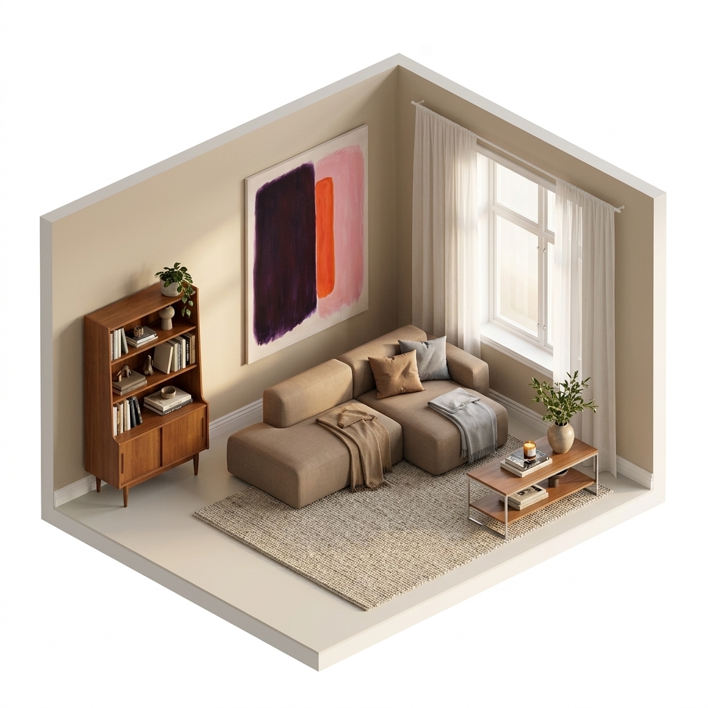 Beige vardagsrum och mörk konst — så förankras den varma med NO GA Brick 2-Seater Chaise Lounge Open End Left