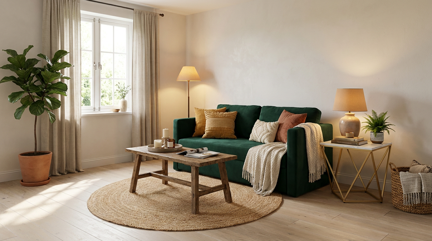 Mörkgrön soffa och varma metaller — vardagsrummet som med vidaXL vidaXL Golvbäddsoffa 2-i-1 mörkgrön 122x204x55 cm sammet