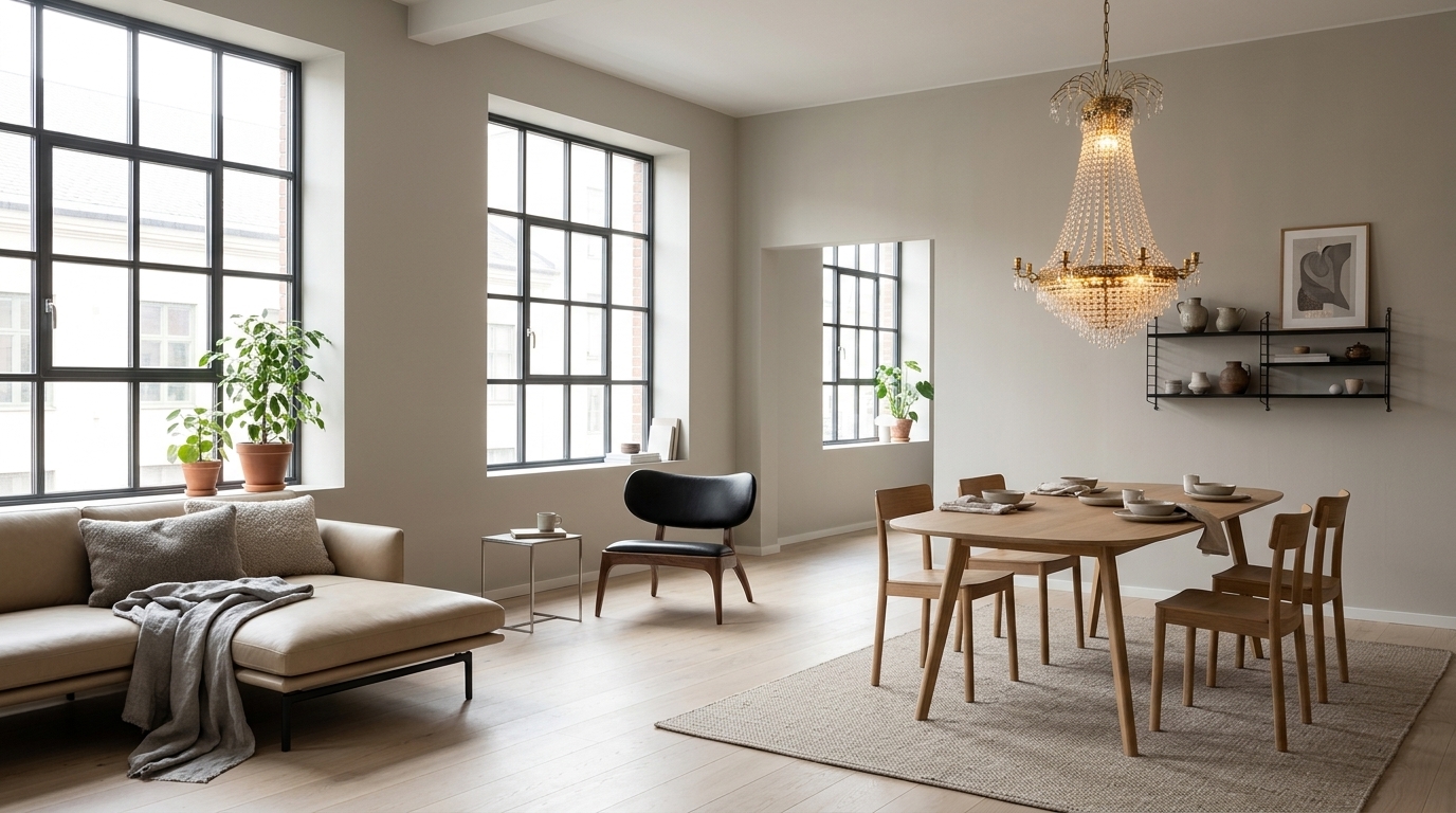 Vardagsrum och matplats i greige — så förankras volymen med med HAY Triangle Leg matbord, ek olja, 250x85 cm