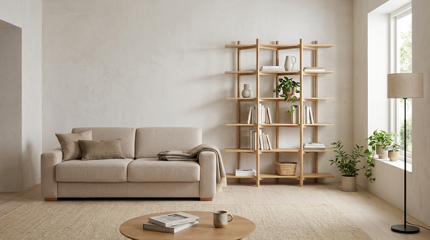 Beige vardagsrum och öppen förvaring — så möts tunga och med Kave Home KAVE HOME Anley 3-personers bäddsoffa i beige 224 cm