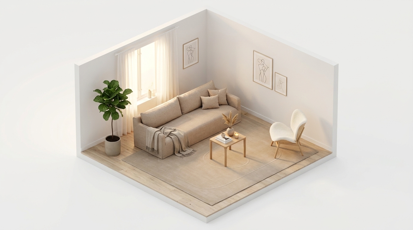 Beige vardagsrum och ljusa träslag — så förhindrar en mörk med Dusty Deco Dolores Sand Sofa