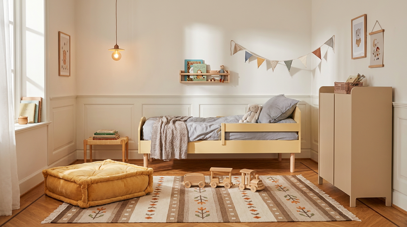 Beigetonat barnrum och varma träslag — så bryter den svala med Manis-H Manis-H Junior Retro-säng - 70x160