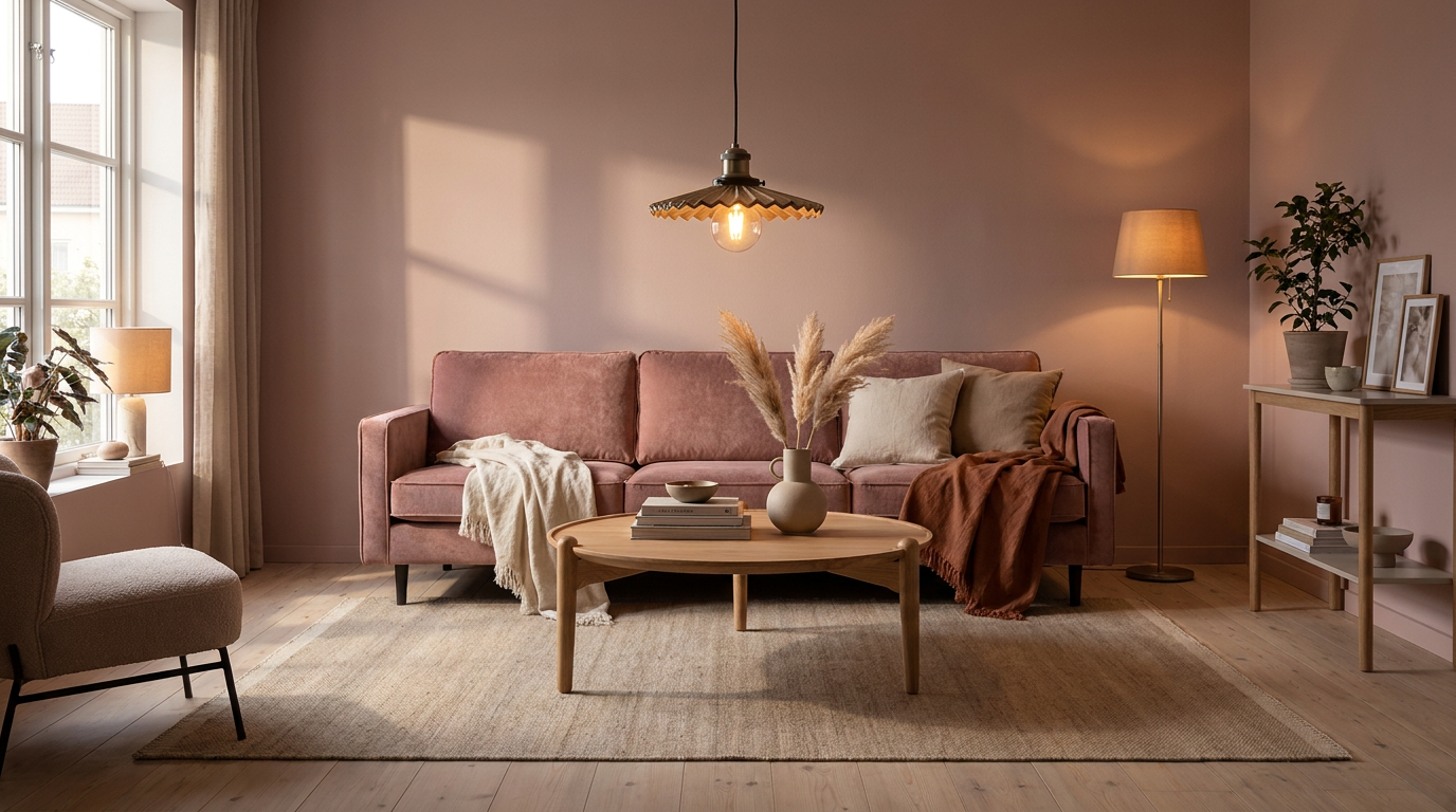 Rosa väggar i vardagsrummet — så bryts den monokroma ytan med Design House Stockholm Aria soffbord Ø90 cm, Ek 30 cm