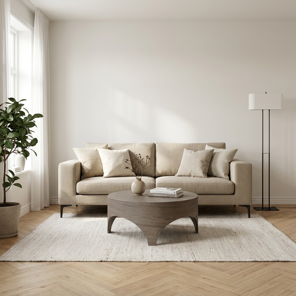 Beiget vardagsrum och grått trä — de skarpa konturerna med Venture Home Soffa Birka, Artwood Owen Soffbord Ø90 Cm Antikgrå