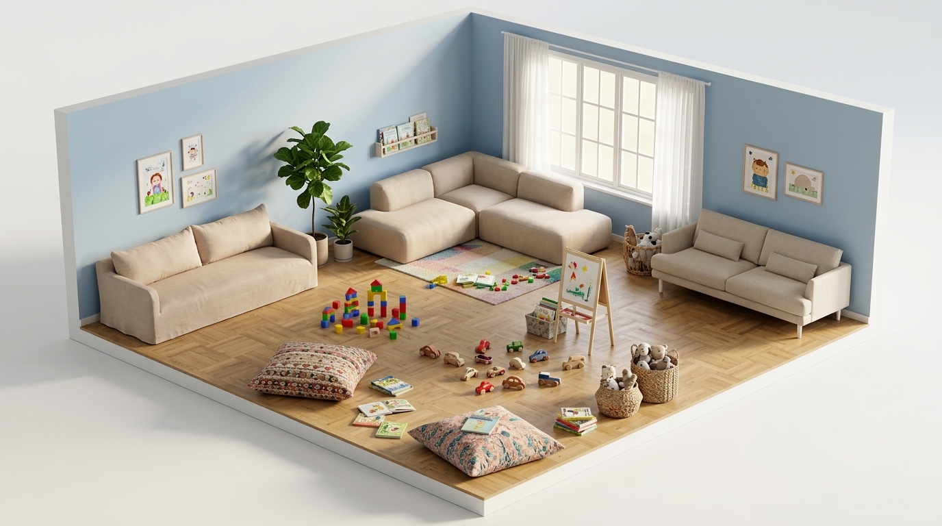 Ljusblå väggar och beige sittgrupp — lekrummets volym styrs med Dusty Deco Dolores Sand Sofa