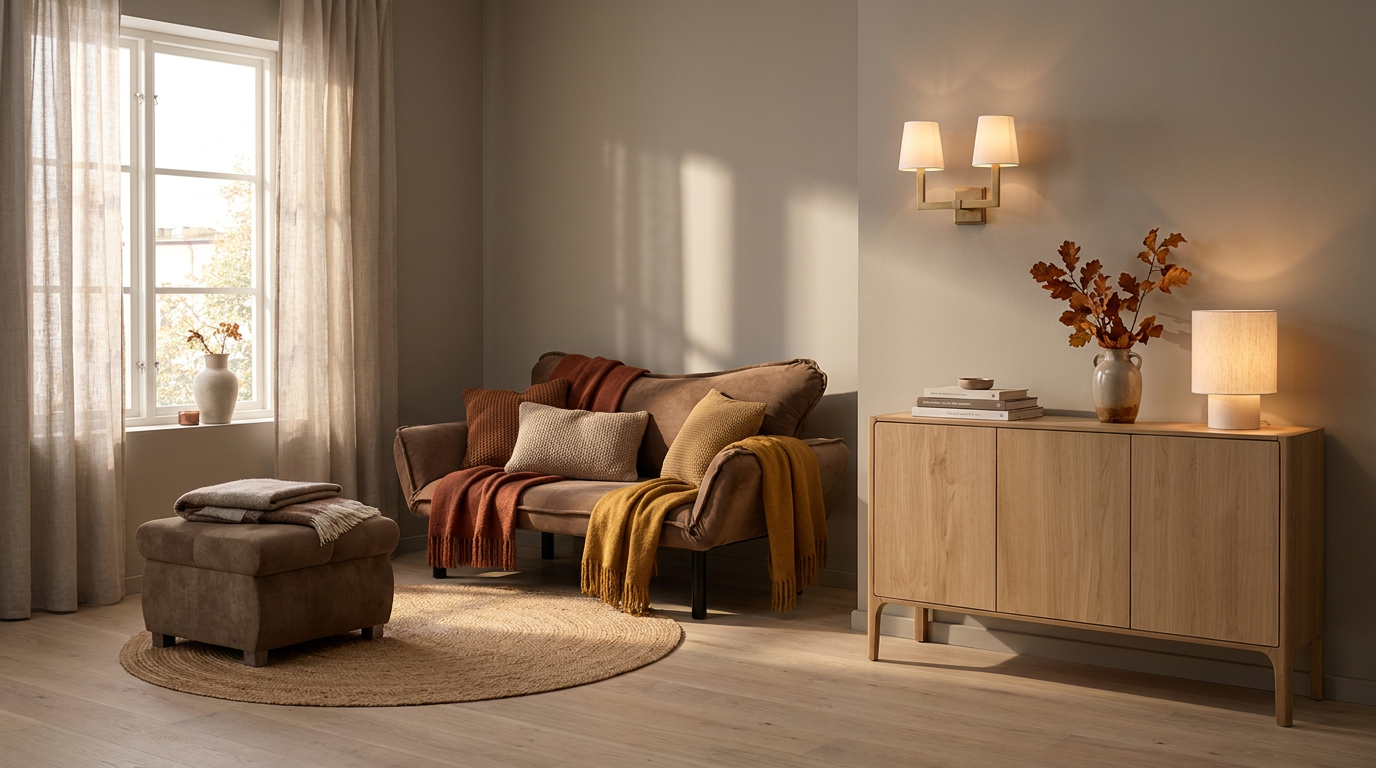 Gråbeige vardagsrum och rostbruna accenter — så bygger med Visual Comfort Square Tube vägglampa dubbel antik mässing