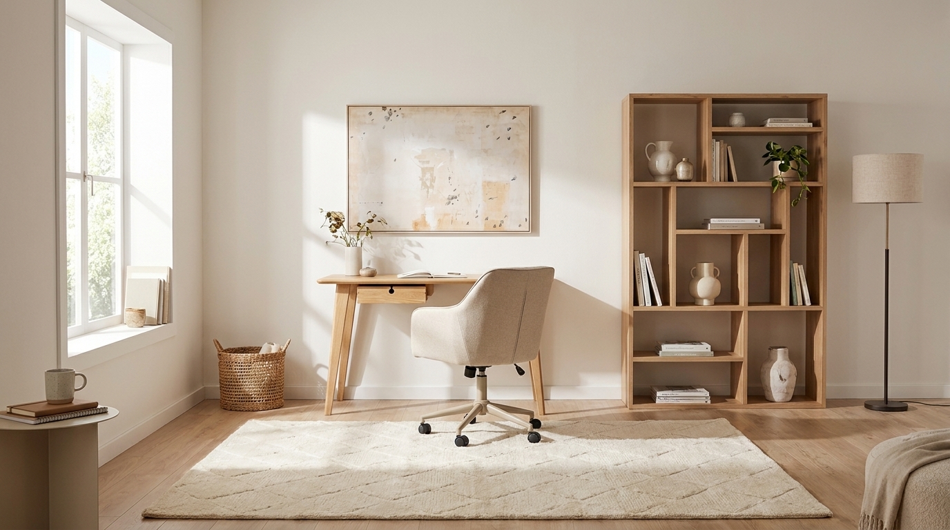 Beige väggar och ljust hemmakontor — så ger skuggorna med FDB Møbler C67 Butler skrivbord, Oak nature lacquered, 60x120 cm
