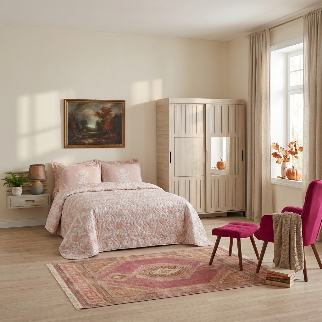 Ljusrosa sovrum och mörk fåtölj — så förankras en svävande med Eponj Home Överkast Dubbelt 200x220+2 Kuddfodral Quiltat