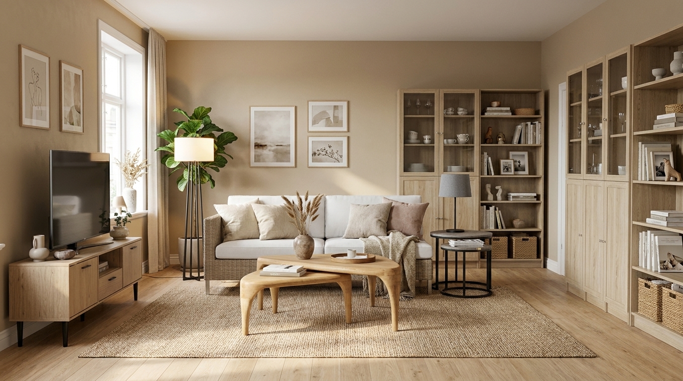 Beige vardagsrum och svarta kontraster — så förankras den med Cane-line Connect modulsoffa, 2-sits taupe, höger, vita dynor