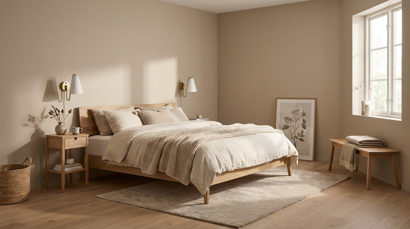 Beige väggar och ljus ek i sovrummet — så separerar med Ethnicraft Air Sängram 180x200 cm